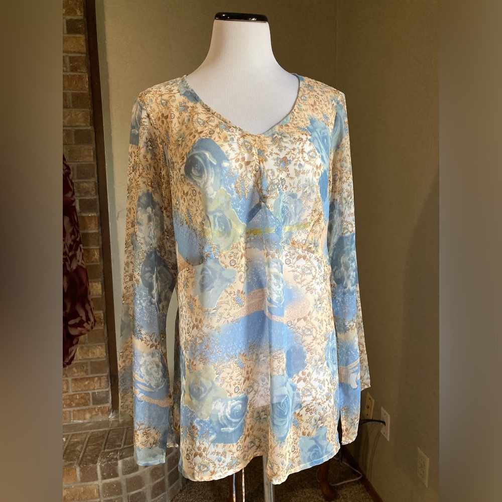 Sheer Blue and Tan V Neck Blouse Size 1X by Sonoma